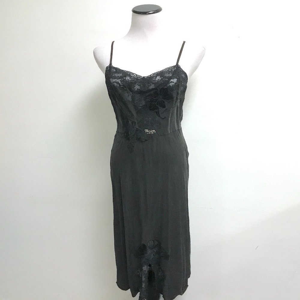 Maxine black lace + velvet silk long slip dress gown spaghetti straps VINTAGE M